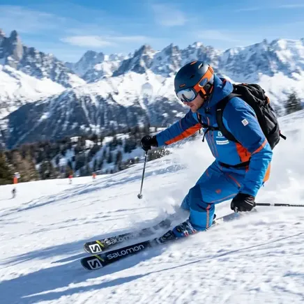 Skieur en tenue bleue, dévalant une pente en pairs de ski Salomon.