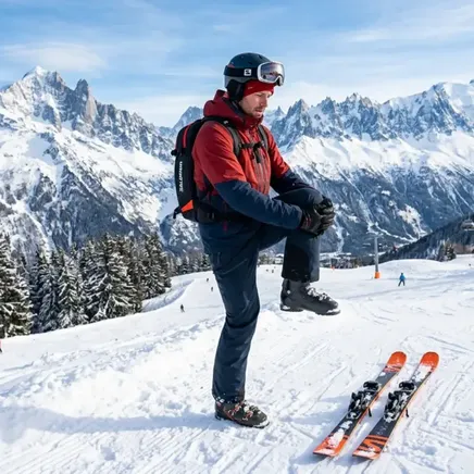 Un homme s'étire le genou avant de se lancer sur ses skis.
