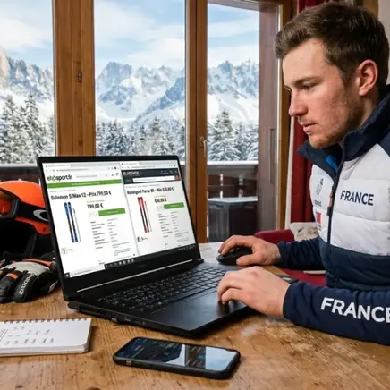 Un homme en veste "FRANCE" utilise un ordinateur portable sur une table avec des skis, casque et gants, devant un paysage de montagnes enneigées.