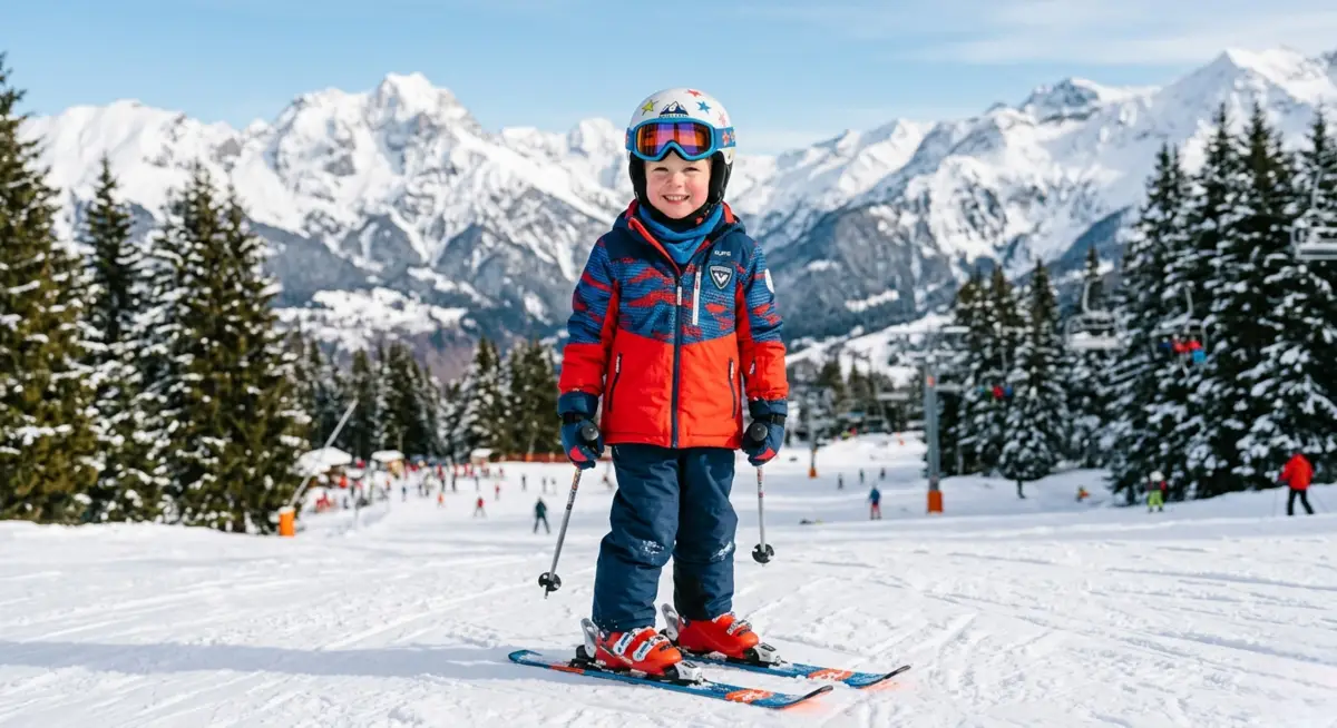 Enfant souriant en tenue de ski rouge et bleue.