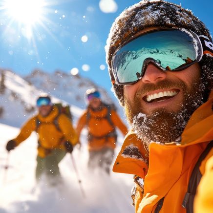 Selfie d'un skieur barbu et souriant sous un soleil éclatant, avec deux autres skieurs en arrière-plan enneigé.