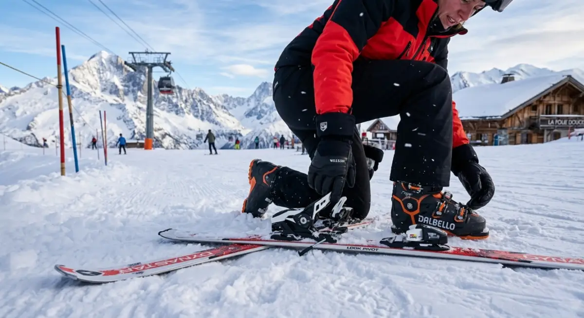 Un skieur en tenue rouge et noire ajustant sa chaussure de ski sur une piste enneigée, avec des montagnes, un télécabine et un chalet en arrière-plan.