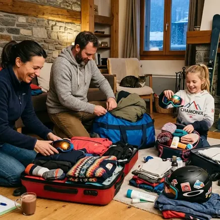 Une famille emballe ses affaires de ski dans un salon douillet, skis et bâtons près d'une cheminée allumée.