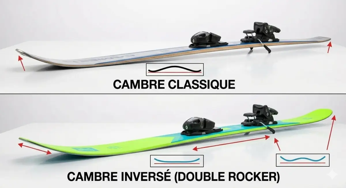 Deux skis illustrant le cambre classique (centre relevé) et le cambre inversé (rocker, spatule et talon relevés) avec leurs profils.