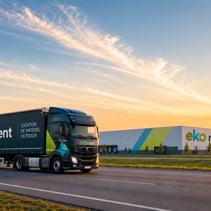 Camion Eko Rent et son entrepôt au coucher du soleil, avec un ciel orange et jaune.