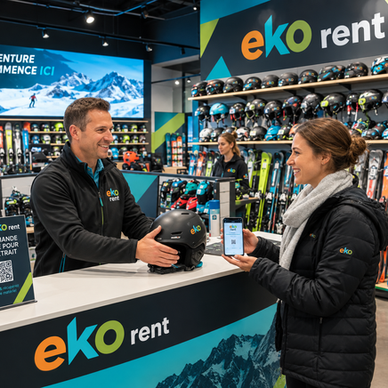 Dans un magasin Eko Rent, un employé sourit en tendant un casque de ski à une cliente qui lui montre l'écran de son téléphone.
