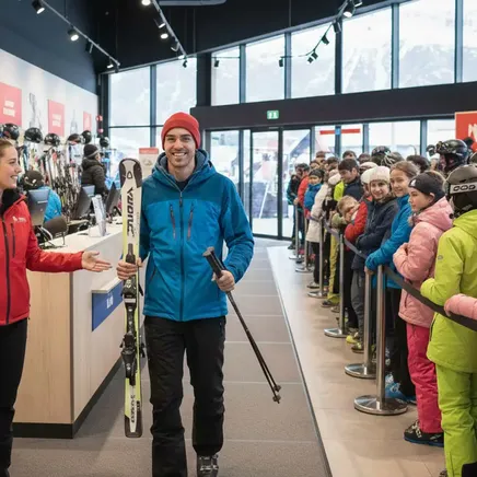 Un homme souriant avec skis et bâtons, assisté par une employée dans un magasin de location, devant une longue file d'enfants en tenue de ski.