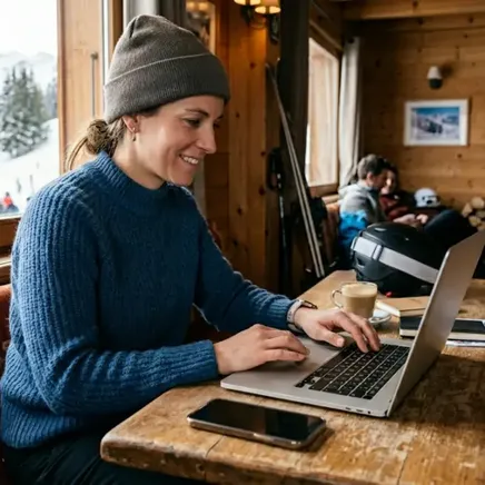 Une femme souriante travaille sur un ordinateur portable dans un chalet de ski, avec vue sur des montagnes enneigées et des skieurs.