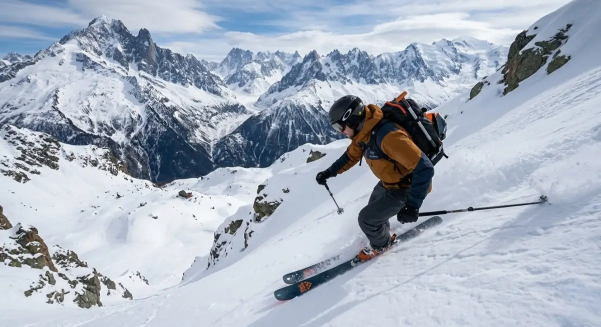 Un skieur en tenue d'hiver descend une pente enneigée, avec un imposant massif montagneux et un ciel nuageux en arrière-plan.