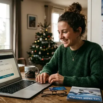 Femme souriante réservant un séjour au ski sur un ordinateur portable, avec un guide "Les Trois Vallées" et un calendrier Février 2025.