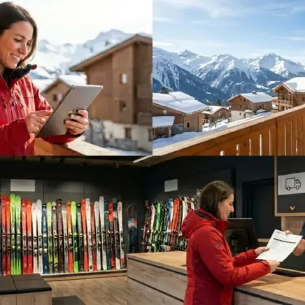 Femme sur un balcon enneigé avec tablette, vue panoramique sur les chalets et les Alpes, intérieur d'un magasin de skis et location d'équipement.