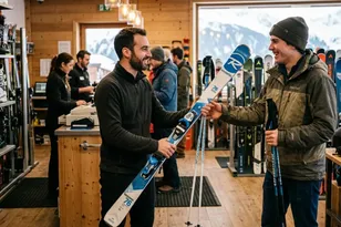 photo d'un vendeur qui donne une paire de skis a un client