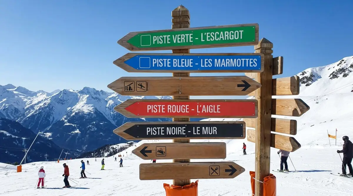 Couleurs des pistes indiqués par des flèches afin de savoir quelle piste prendre selon ton niveau à ski