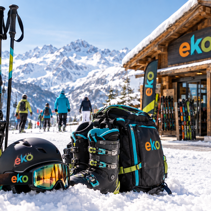 Équipement de ski Eko (skis, bâtons, casque, chaussures, sac) posé dans la neige, devant un chalet de location et des montagnes enneigées.